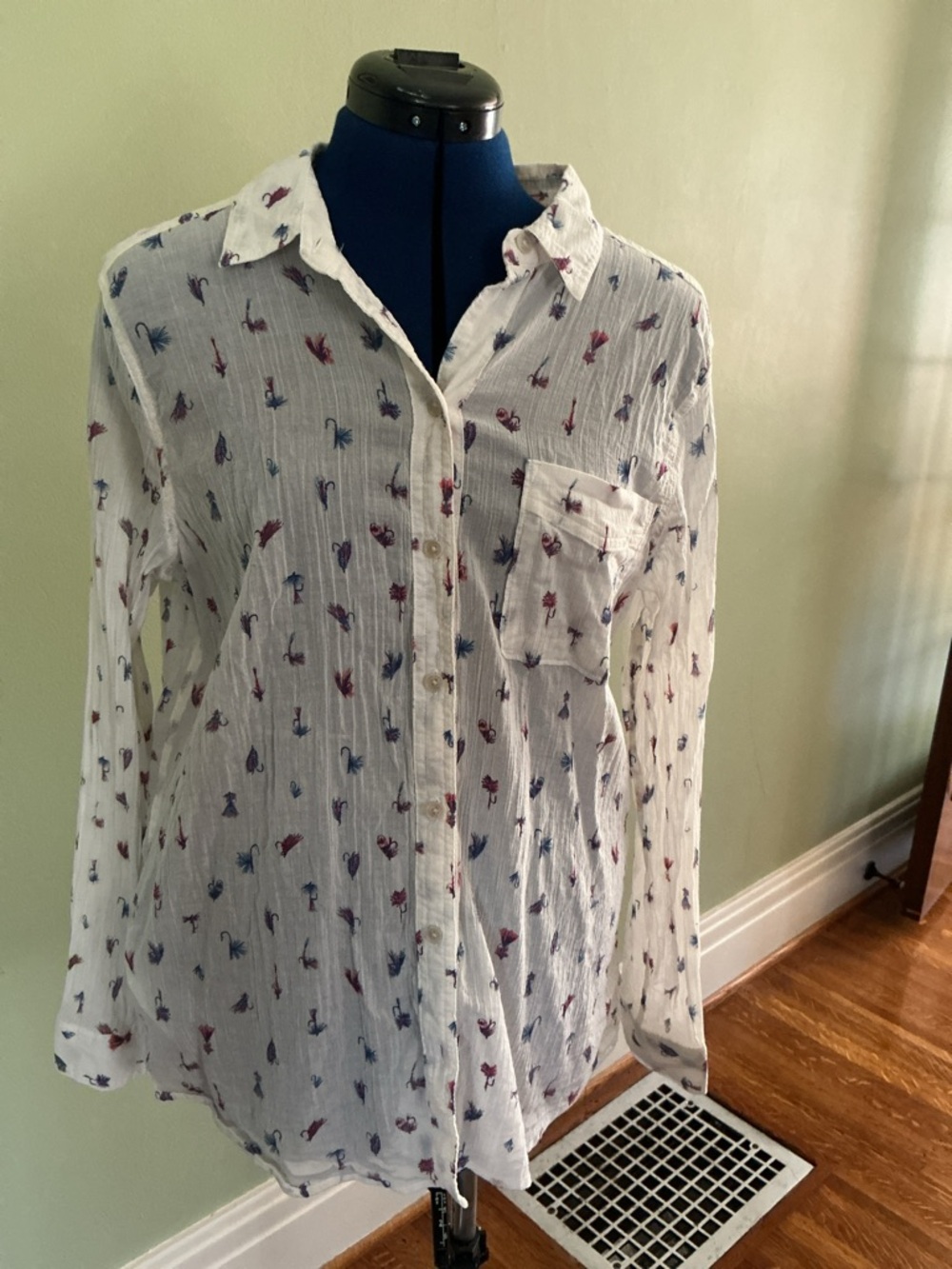 Eddie Bauer Gauze White Button Down Shirt with Red and Blue Print